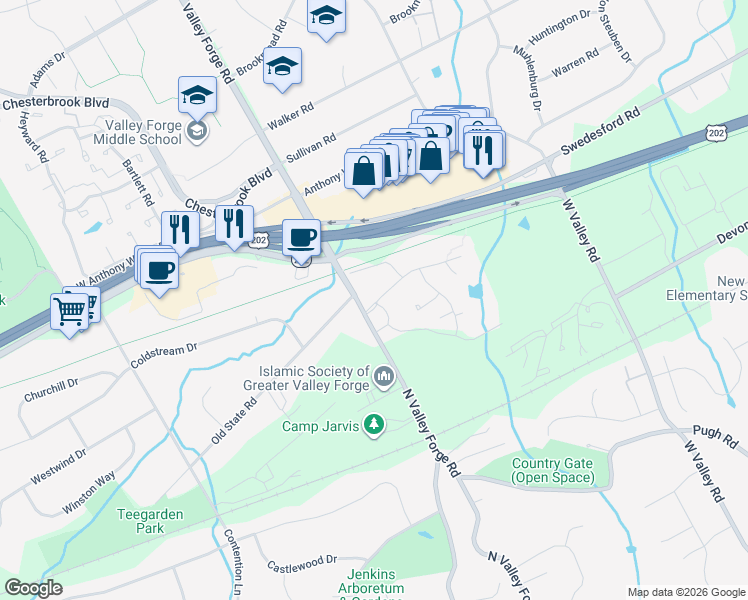 map of restaurants, bars, coffee shops, grocery stores, and more near 42 Old Forge Crossing in Devon