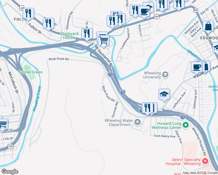 map of restaurants, bars, coffee shops, grocery stores, and more near 819 Mount De Chantal Road in Wheeling