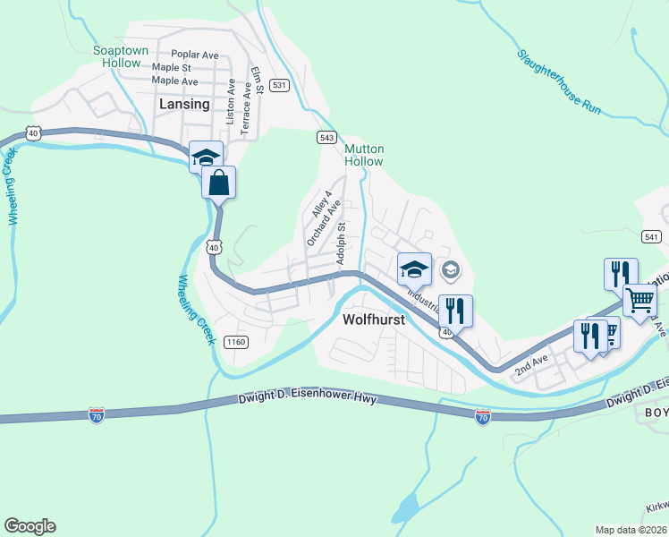 map of restaurants, bars, coffee shops, grocery stores, and more near 55589 National Road in Bridgeport