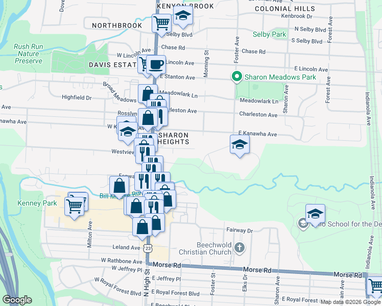 map of restaurants, bars, coffee shops, grocery stores, and more near 87 Sunnyside Lane in Columbus
