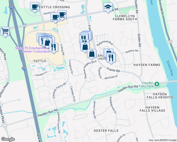 map of restaurants, bars, coffee shops, grocery stores, and more near 5797 Shannon Place Lane in Dublin