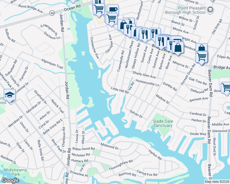 map of restaurants, bars, coffee shops, grocery stores, and more near 1601 Northstream Parkway in Point Pleasant
