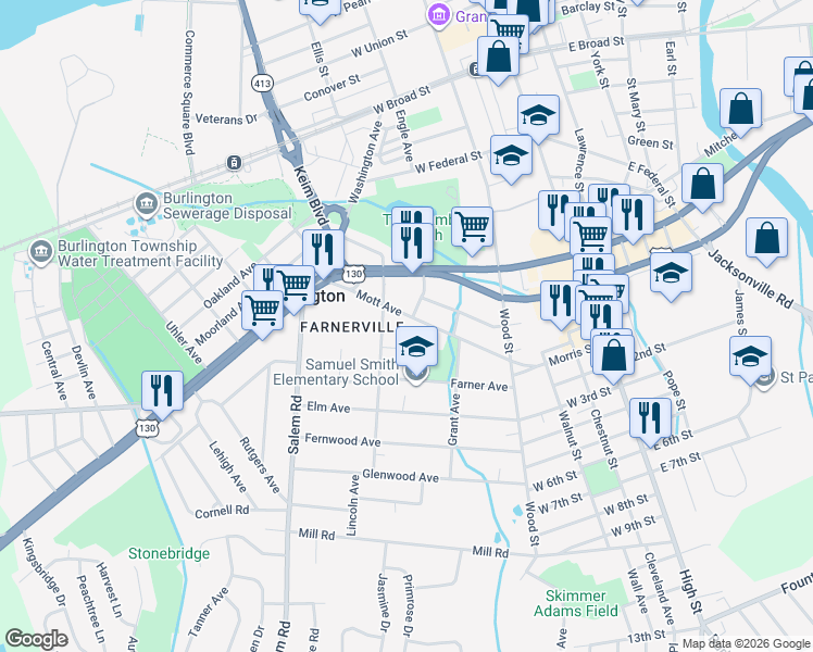 map of restaurants, bars, coffee shops, grocery stores, and more near 244 Mott Avenue in Burlington
