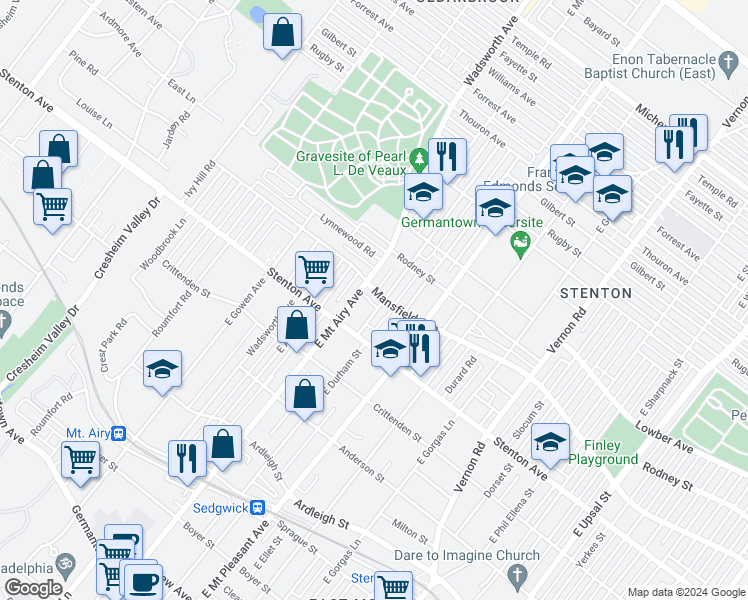 map of restaurants, bars, coffee shops, grocery stores, and more near 8240 Mansfield Avenue in Philadelphia