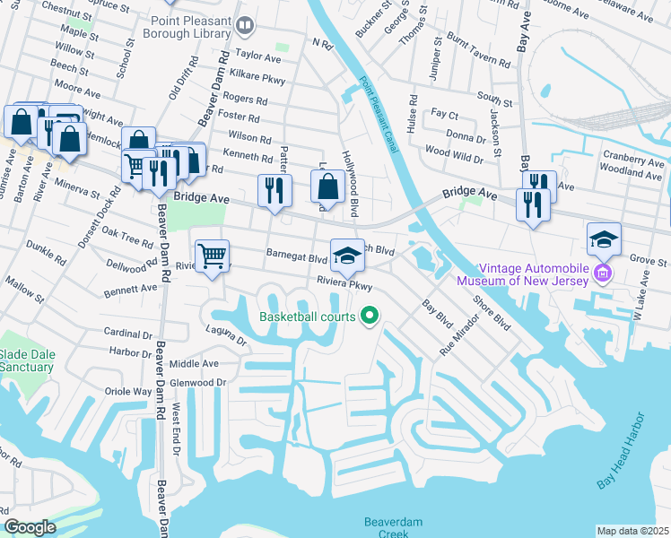 map of restaurants, bars, coffee shops, grocery stores, and more near 2110 Barnegat Boulevard in Point Pleasant