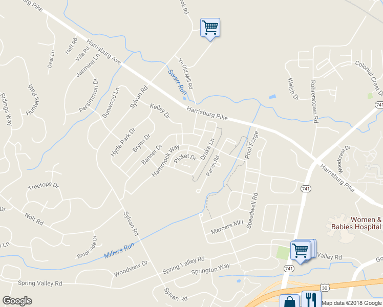 map of restaurants, bars, coffee shops, grocery stores, and more near 1428 Picket Drive in Lancaster