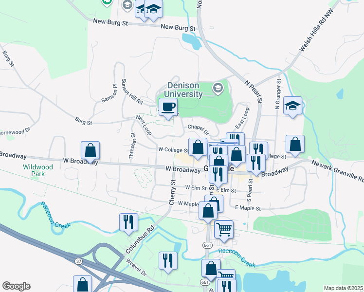map of restaurants, bars, coffee shops, grocery stores, and more near 210 West College Street in Granville