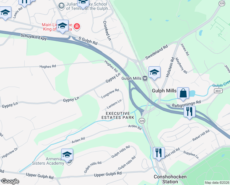 map of restaurants, bars, coffee shops, grocery stores, and more near 958 Longview Road in King of Prussia
