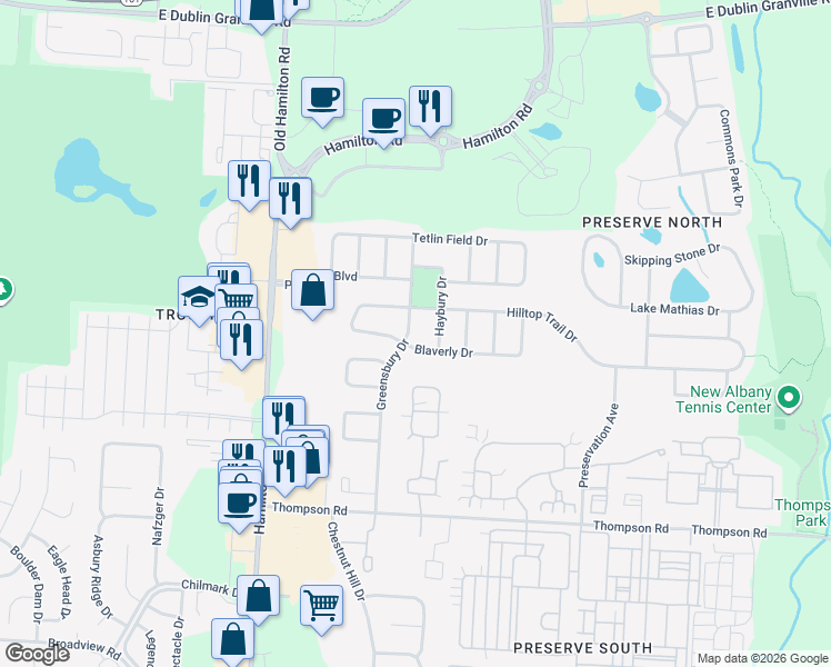 map of restaurants, bars, coffee shops, grocery stores, and more near 4400 Greensbury Drive in New Albany