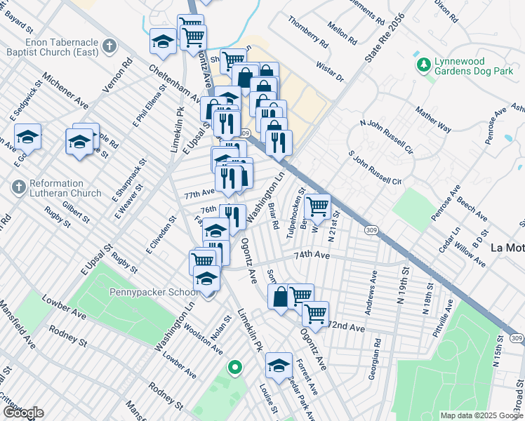 map of restaurants, bars, coffee shops, grocery stores, and more near 2148 East Washington Lane in Philadelphia