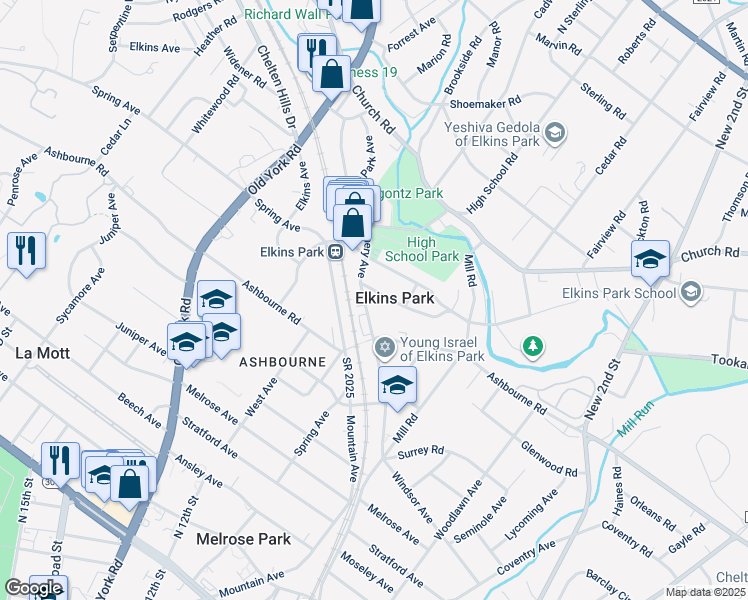 map of restaurants, bars, coffee shops, grocery stores, and more near 7823 Montgomery Avenue in Elkins Park