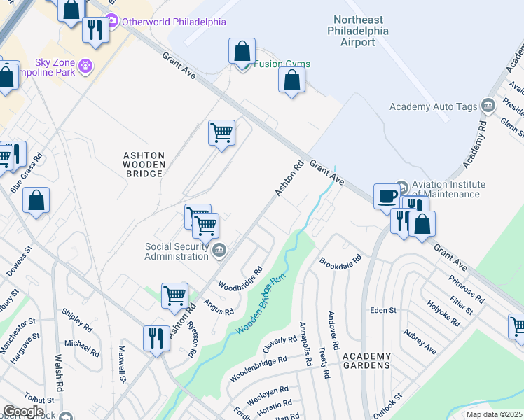 map of restaurants, bars, coffee shops, grocery stores, and more near 9470 Ashton Road in Philadelphia
