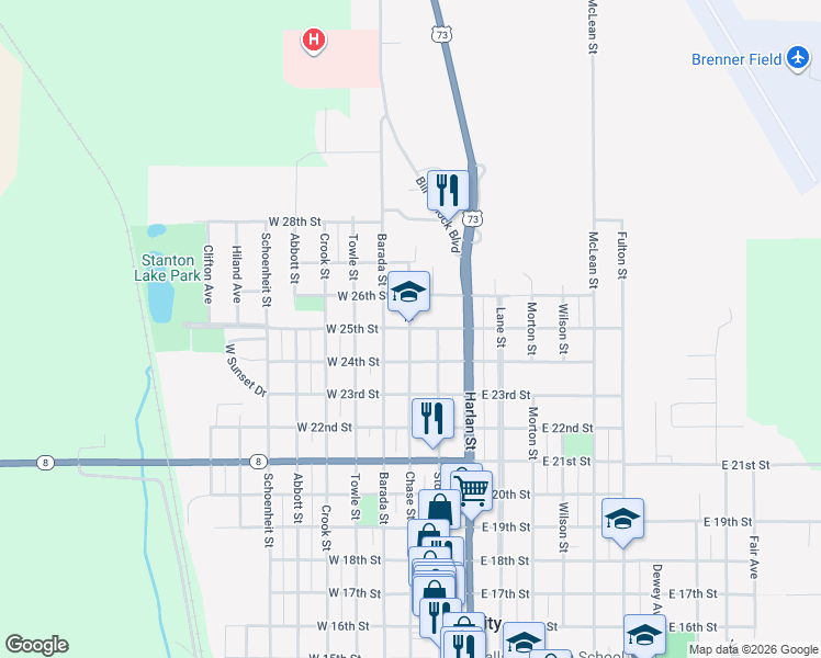 map of restaurants, bars, coffee shops, grocery stores, and more near 2498 Chase Street in Falls City