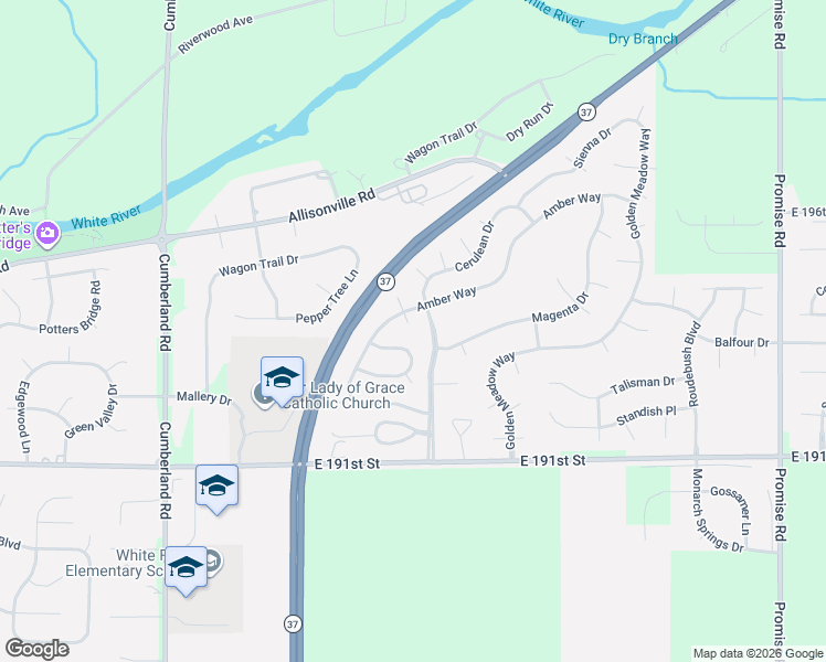 map of restaurants, bars, coffee shops, grocery stores, and more near 19398 Iris Court in Noblesville