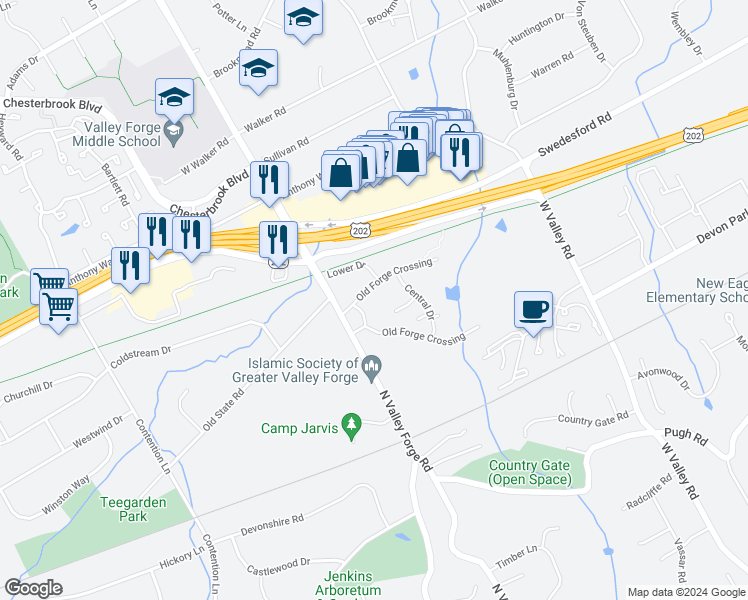 map of restaurants, bars, coffee shops, grocery stores, and more near 261 Old Forge Crossing in Devon