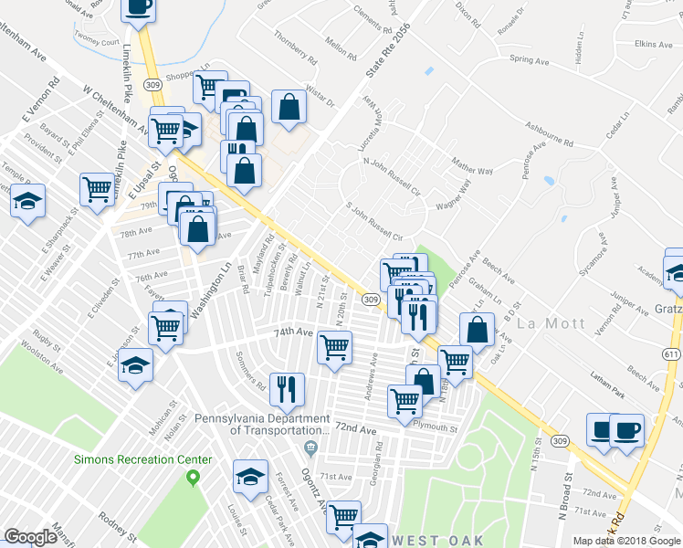 map of restaurants, bars, coffee shops, grocery stores, and more near 2015 West Cheltenham Avenue in Montgomery County