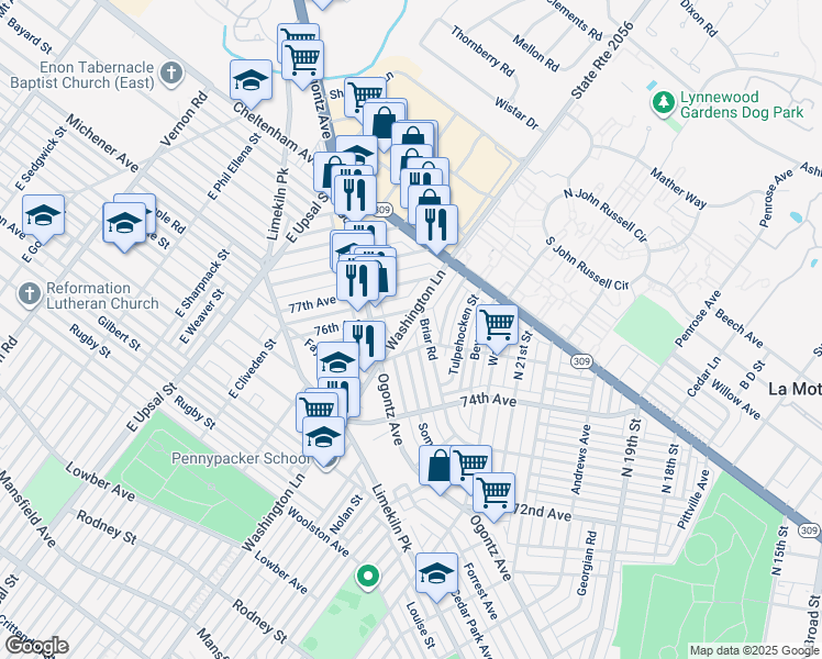 map of restaurants, bars, coffee shops, grocery stores, and more near 2148 East Washington Lane in Philadelphia