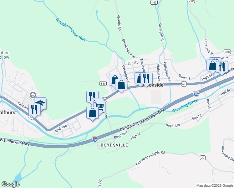 map of restaurants, bars, coffee shops, grocery stores, and more near 56300 National Road in Bridgeport