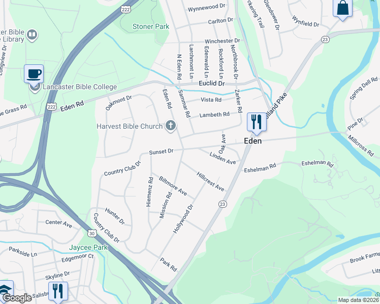map of restaurants, bars, coffee shops, grocery stores, and more near 1530 Eden Road in Lancaster