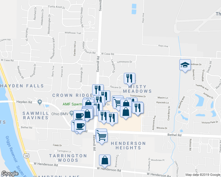 map of restaurants, bars, coffee shops, grocery stores, and more near 2763 Delcane Drive in Columbus