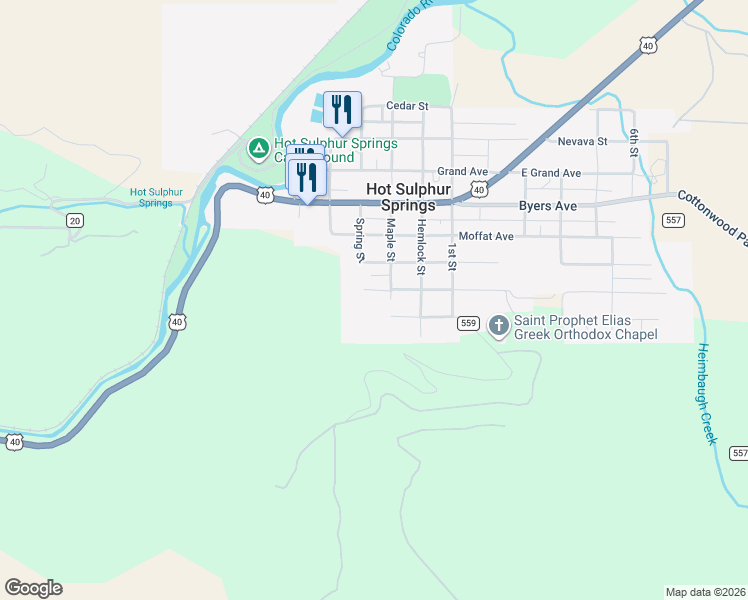 map of restaurants, bars, coffee shops, grocery stores, and more near 304 Ridgeway Ave in Hot Sulphur Springs