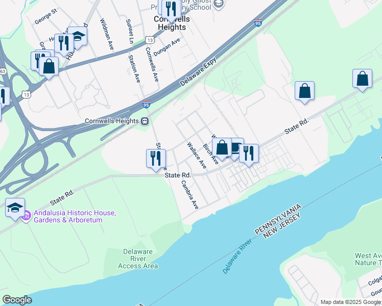 map of restaurants, bars, coffee shops, grocery stores, and more near 506 Wallace Avenue in Bensalem