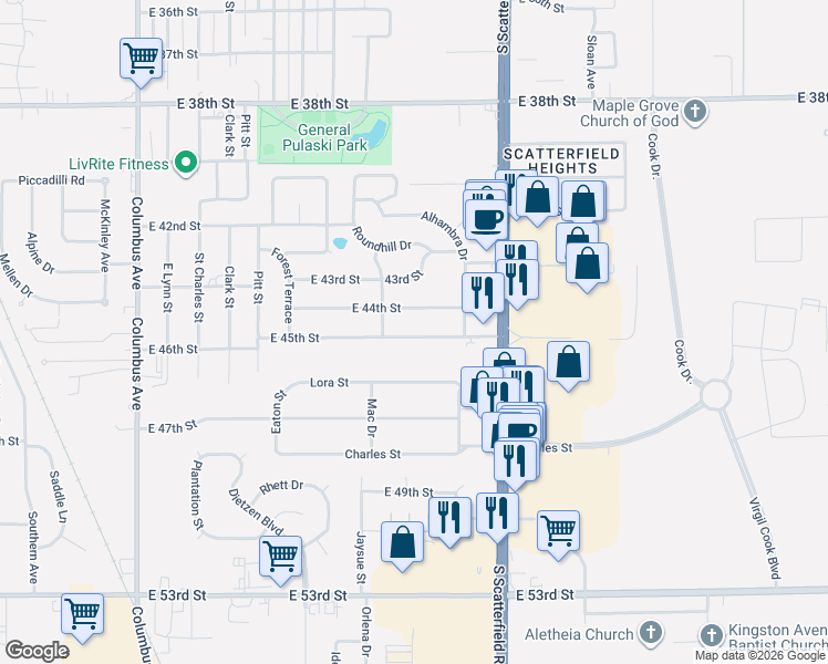 map of restaurants, bars, coffee shops, grocery stores, and more near 1912 East 45th Street in Anderson