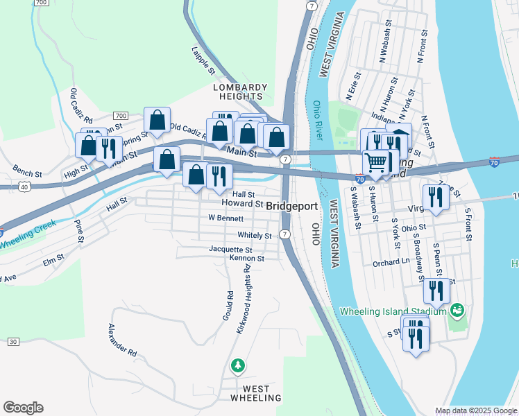 map of restaurants, bars, coffee shops, grocery stores, and more near 225 Howard Street in Bridgeport