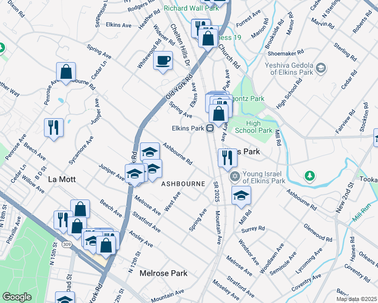 map of restaurants, bars, coffee shops, grocery stores, and more near 1429 Ashbourne Road in Elkins Park