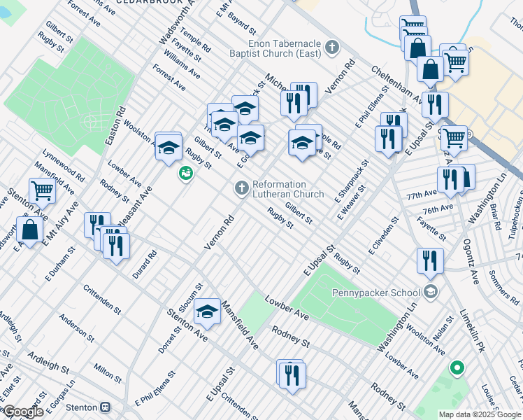 map of restaurants, bars, coffee shops, grocery stores, and more near 7944 Rugby Street in Philadelphia