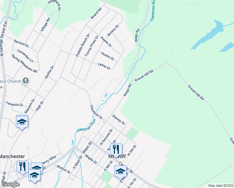 map of restaurants, bars, coffee shops, grocery stores, and more near 406 Wago Road in Mount Wolf