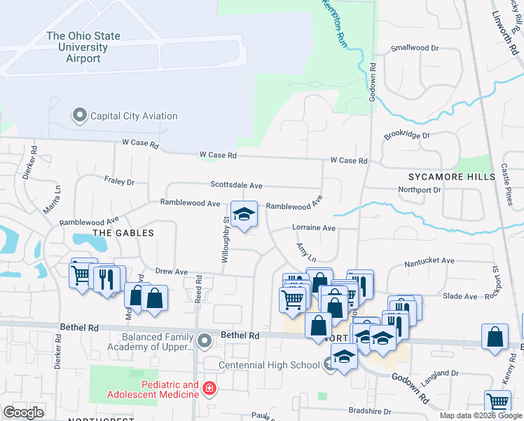 map of restaurants, bars, coffee shops, grocery stores, and more near 1641 Ramblewood Avenue in Columbus
