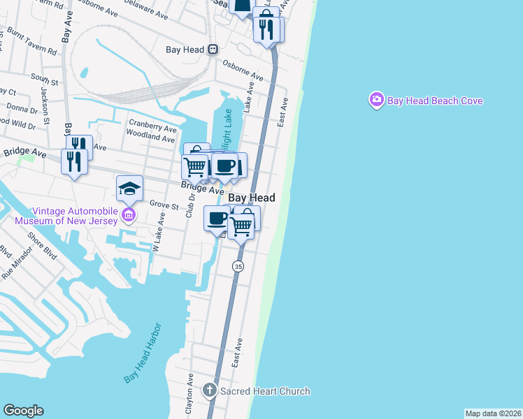 map of restaurants, bars, coffee shops, grocery stores, and more near 450 Bay Avenue in Point Pleasant Beach