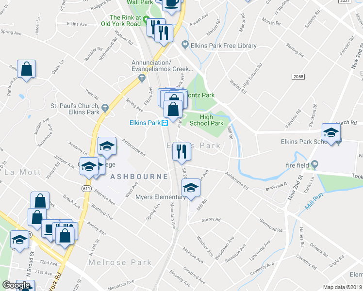 map of restaurants, bars, coffee shops, grocery stores, and more near in Elkins Park
