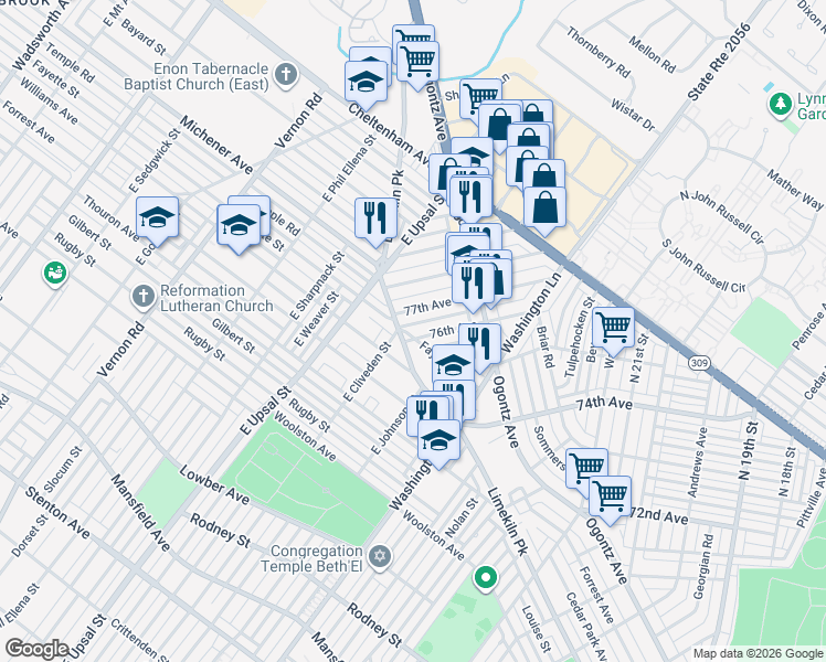 map of restaurants, bars, coffee shops, grocery stores, and more near 7598 Limekiln Pike in Philadelphia