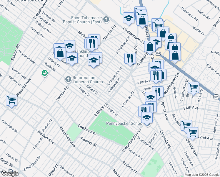 map of restaurants, bars, coffee shops, grocery stores, and more near 1304 East Sharpnack Street in Philadelphia