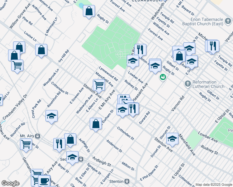 map of restaurants, bars, coffee shops, grocery stores, and more near 8236 Mansfield Avenue in Philadelphia