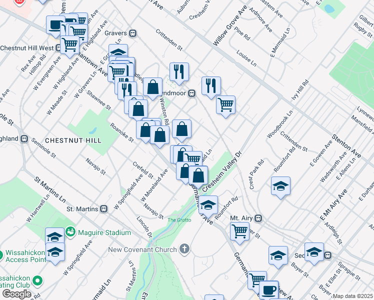 map of restaurants, bars, coffee shops, grocery stores, and more near 7800 Winston Road in Philadelphia
