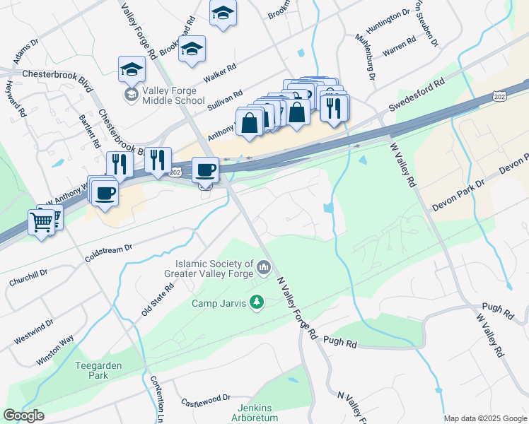map of restaurants, bars, coffee shops, grocery stores, and more near 42 Old Forge Crossing in Devon