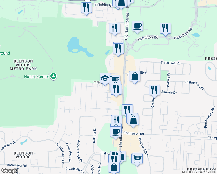 map of restaurants, bars, coffee shops, grocery stores, and more near 5531 North Hamilton Road in Columbus