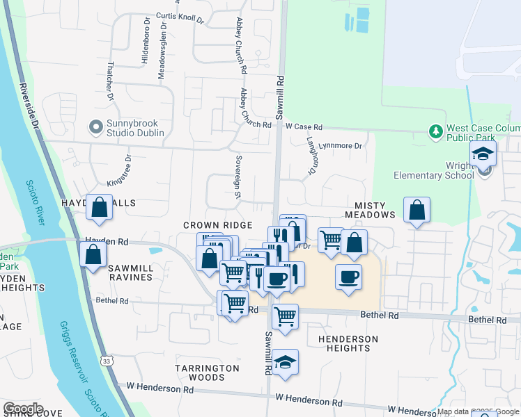 map of restaurants, bars, coffee shops, grocery stores, and more near 4889 Sawmill Road in Columbus