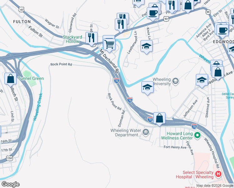 map of restaurants, bars, coffee shops, grocery stores, and more near 819 Mount Dechantal Road in Wheeling