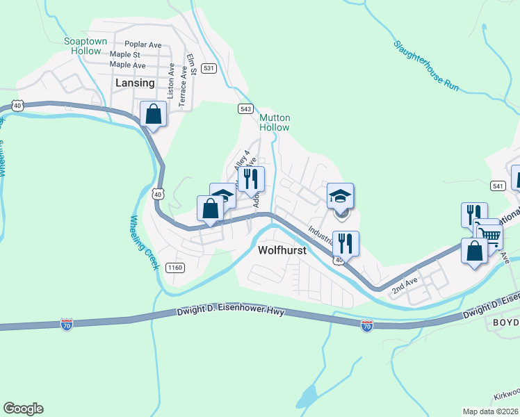 map of restaurants, bars, coffee shops, grocery stores, and more near 55589 National Road in Bridgeport