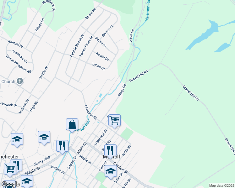 map of restaurants, bars, coffee shops, grocery stores, and more near 406 Wago Road in Mount Wolf