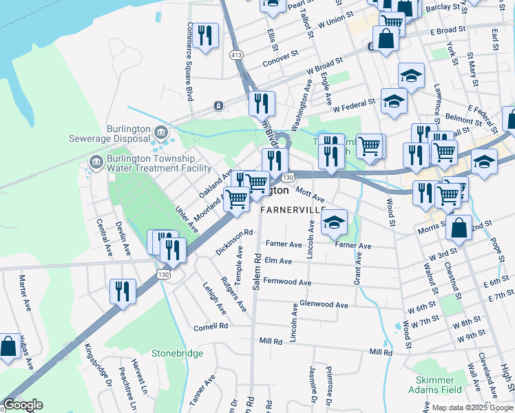 map of restaurants, bars, coffee shops, grocery stores, and more near 703 U.S. 130 in Burlington