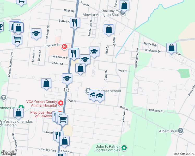 map of restaurants, bars, coffee shops, grocery stores, and more near 90 Spruce Street in Lakewood