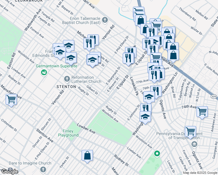 map of restaurants, bars, coffee shops, grocery stores, and more near 1304 East Sharpnack Street in Philadelphia