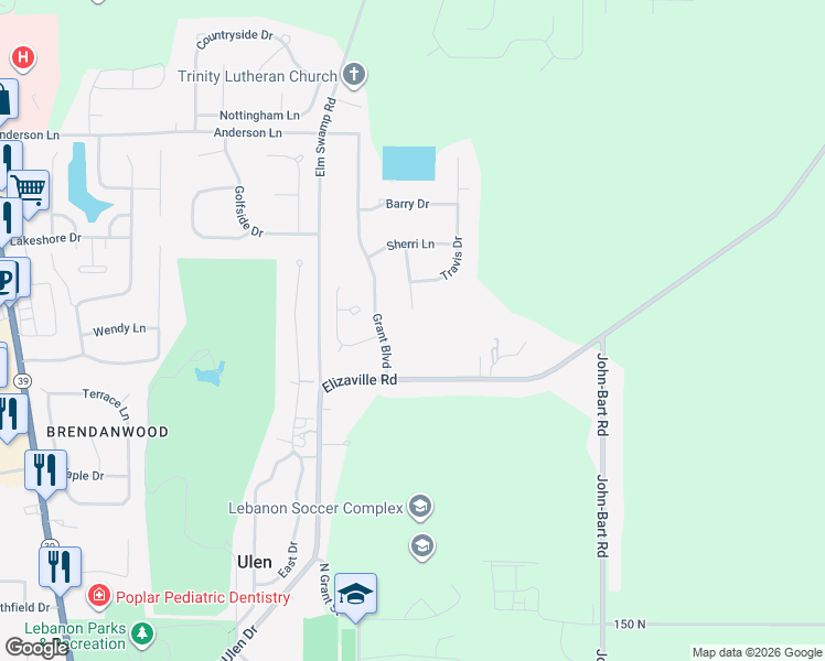 map of restaurants, bars, coffee shops, grocery stores, and more near 2015 Grant Boulevard in Lebanon
