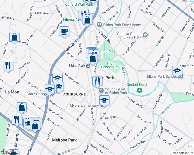 map of restaurants, bars, coffee shops, grocery stores, and more near 7827 Montgomery Avenue in Montgomery County
