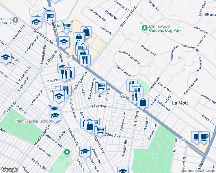map of restaurants, bars, coffee shops, grocery stores, and more near 2104 West Cheltenham Avenue in Philadelphia